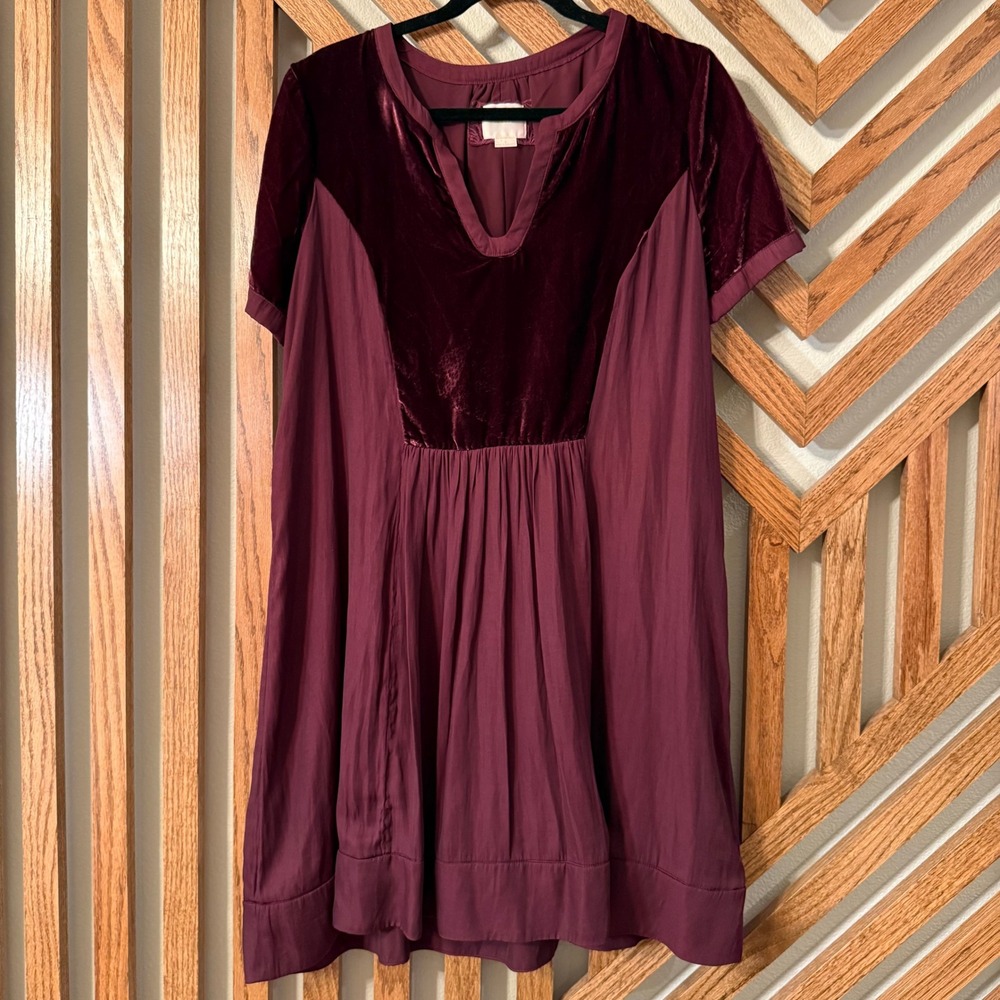 Romantic Boho Anthropologie Maeve Ingrid Burgundy Velvet Yoke Dress L